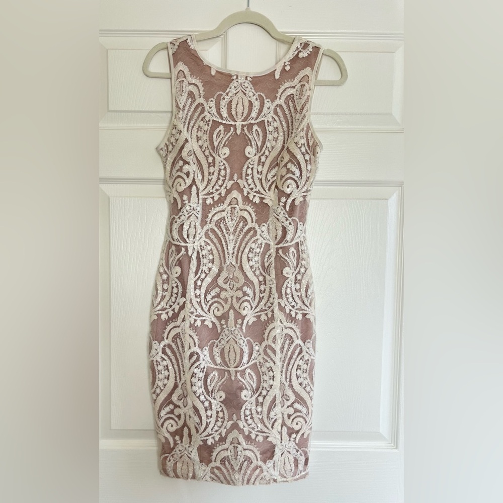 Mystic Lace Patterned Mini Dress - Cream and Tan